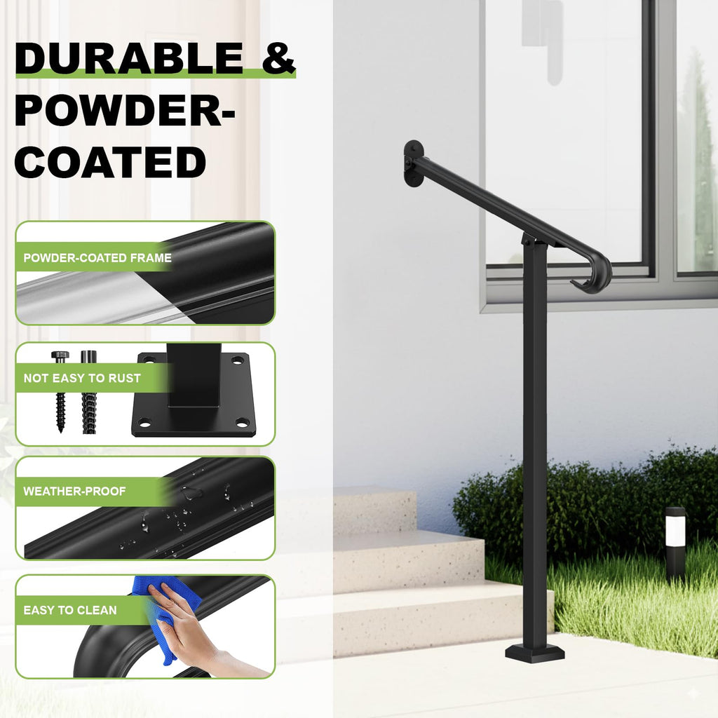 Single Step Handrail, 1 or 2 Steps Handrails for Outdoor Steps, Rust-Proof Wrought Iron Stair Railing for Seniors