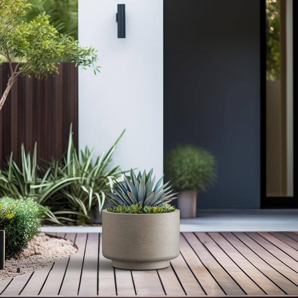 Accent Round Pedestal Weathered Concrete Planter 12.6" Dia, Outdoor