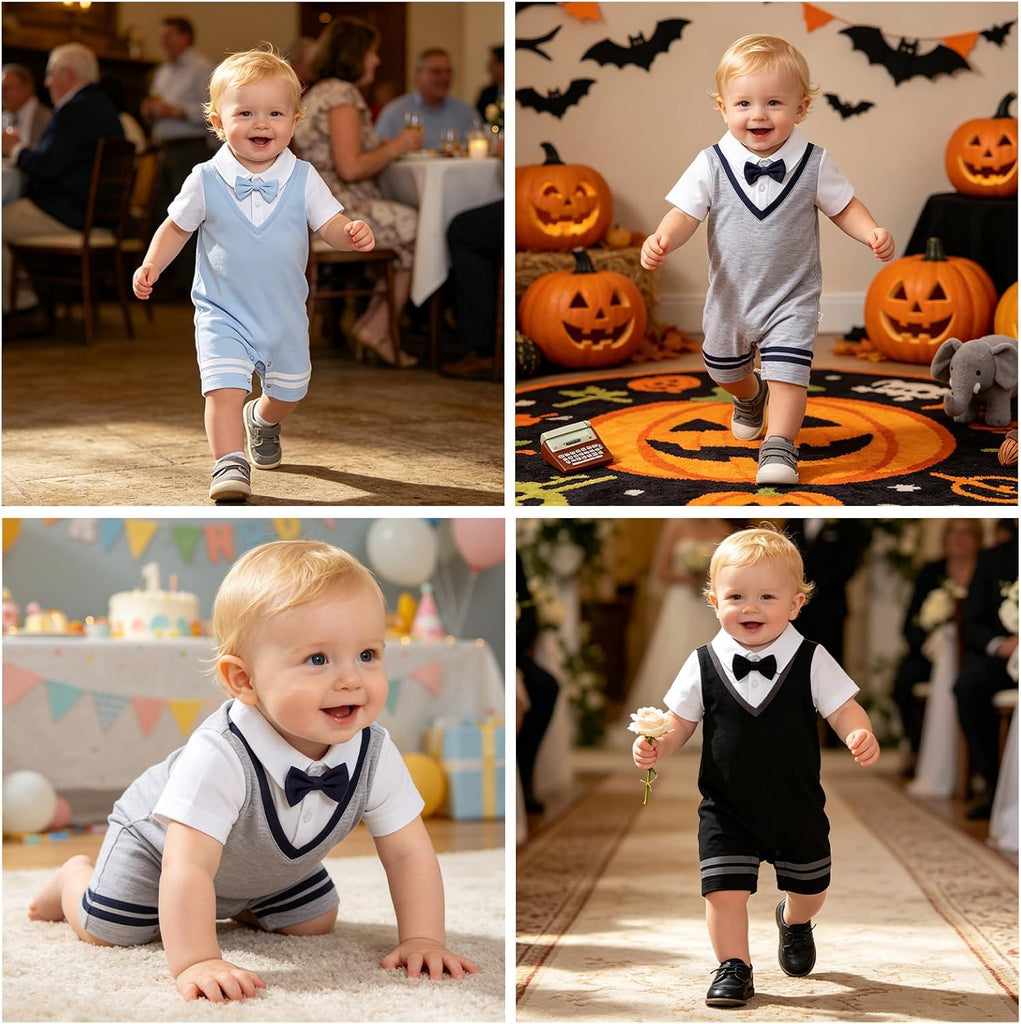 Baby Boys Romper 100% Cotton Bow Tie Jumpsuit