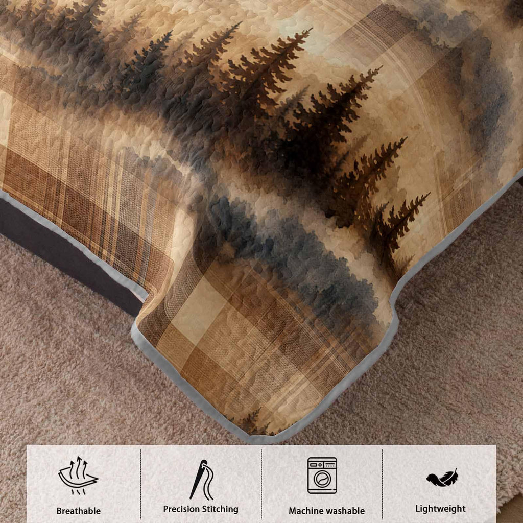 Misty Woodland Pine 3-Piece Quilt Set with 2 Pillow Shams, Beige Check Soft Lightweight Microfiber Bedding for