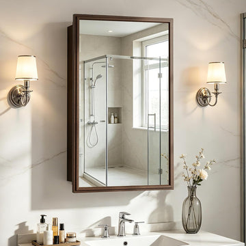 Recessed Medicine Cabinet Mirror with Storage,Brown Aluminum Medicine Cabinet Frame Mirror,Tempered Glass,Mount
