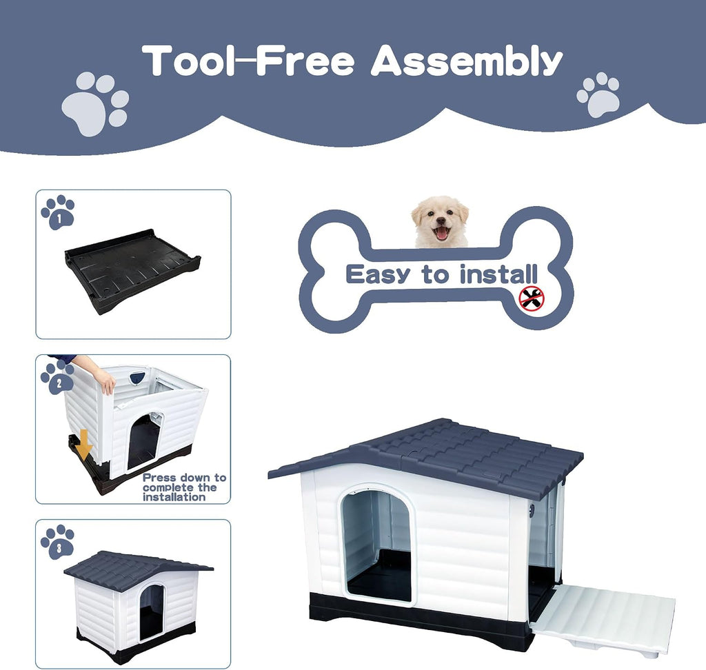 2-Door Large Dog House for Indoor and Outdoor Dog House with Fold-Out Porch Elevated Base, Waterproof Pet House