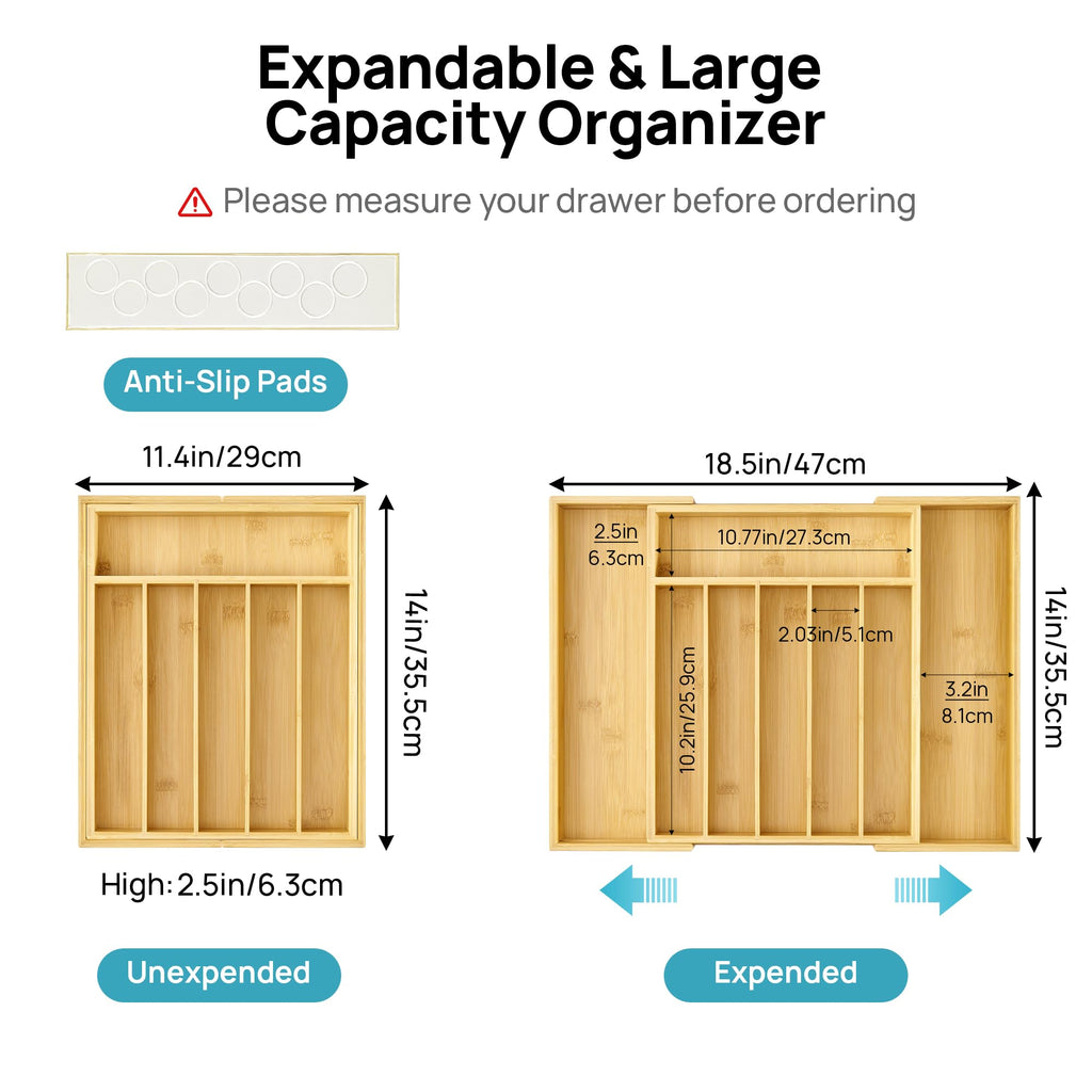 Expandable Bamboo Drawer Organizer, Adjustable Tray