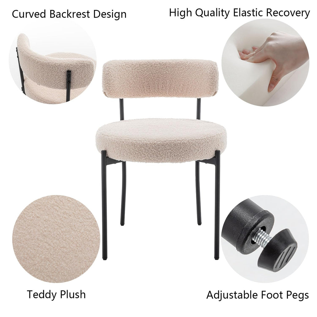 Boucle Set of 4, Upholstered Dining Room Chairs with Black Metal Legs, Round Modern Dining Chair (Beige)
