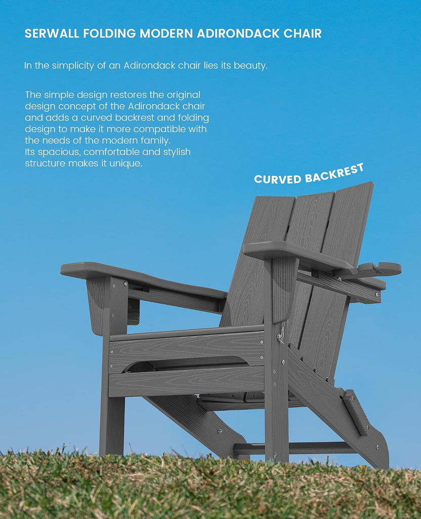 HDPE Modern Folding Adirondack Chair with Dual Cup Holder, Gray | Outdoor All-Weather Lawn Adirondack Chairs Wood