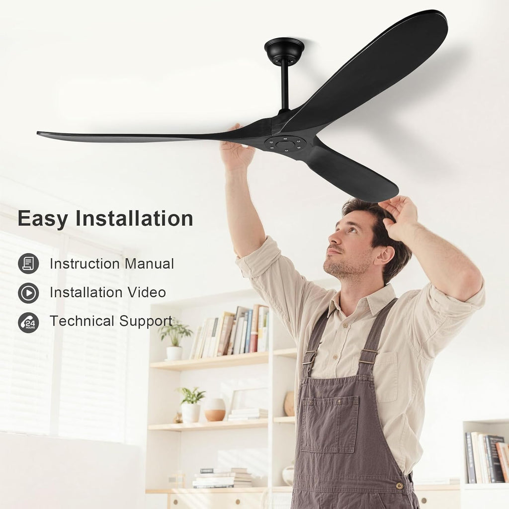 60 Inch Black Ceiling Fan No Light，Indoor Outdoor 3 Blade Wood Ceiling Fans Without Lights for Patios Bedroom Living