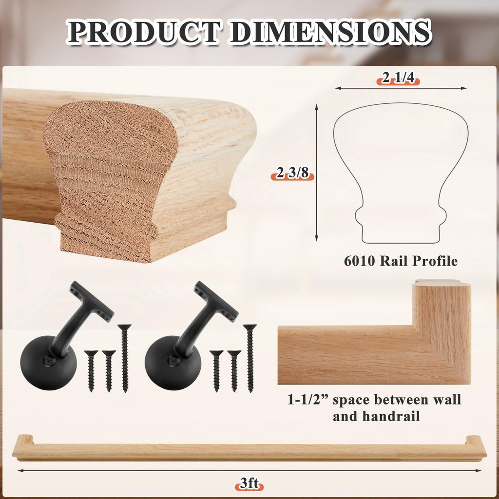 6010 Red Oak Handrail Kit 3 ft with Wall Returns and Wall Mount Brackets Indoor Wood Stairs Handrails Included Screws