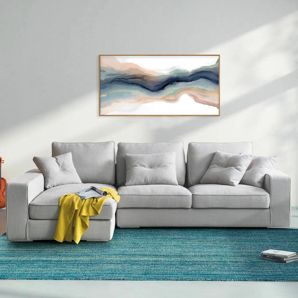 Navy Blue Abstract Framed Canvas Wall Art, Watercolor Wave Line Horizontal Wall Decor, Long Teal Orange Coastal