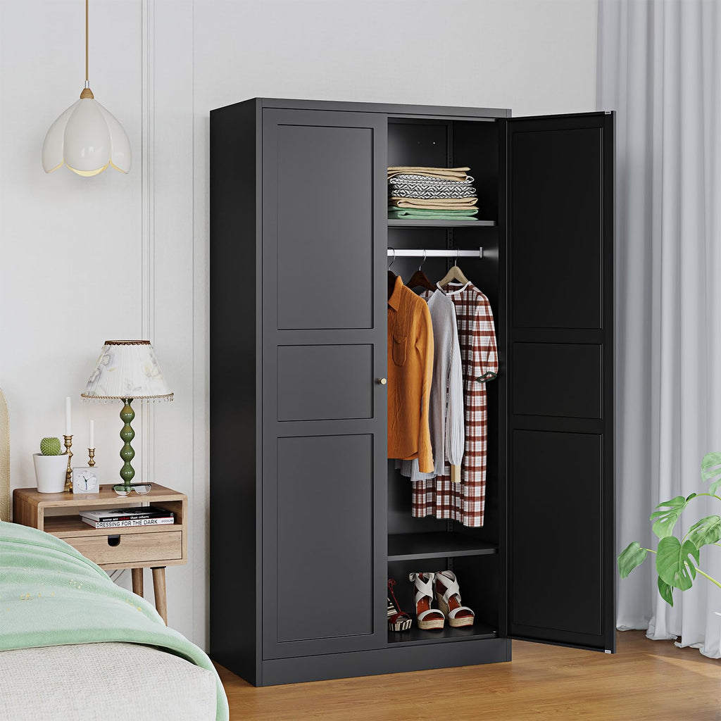 Metal Wardrobe Closet Cabinet, Armoire Wardrobe Closets Storage Cabinets with Doors and Shelves for Laundry