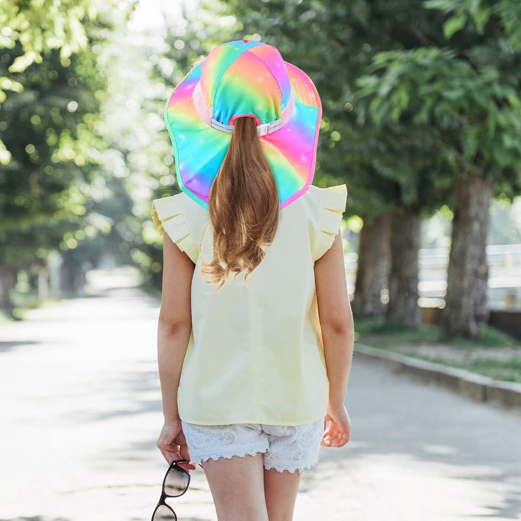 Girls Sun Hat for Kids UV Protection Unicorn Summer Hat Beach Play Hats Wide Brim Neck Flap for Girls Ponytail Hat