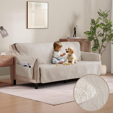 Quilted Beige Sofa Slipcovers with Pockets, Anti-Slip Medallion Couch Covers for Sofa, Couch Cover for Dogs Cats