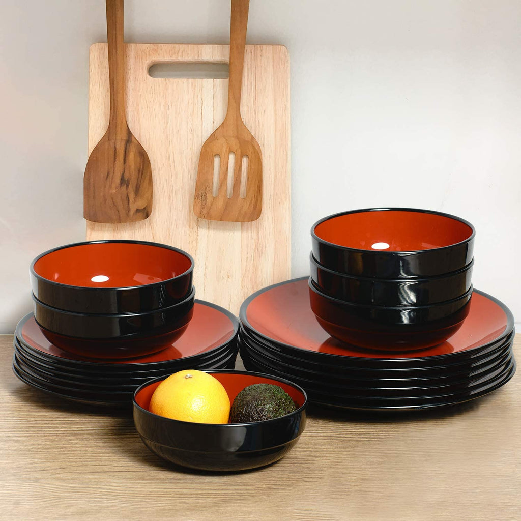 TP 18-Piece Melamine Dinnerware Sets, Service for 6, Black&Red