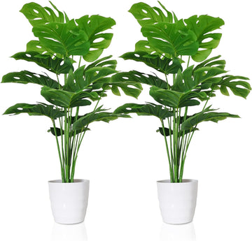 Set of 2 Artificial Monstera Deliciosa Plants in Pots, Fake Tropical Palm Tree with Greenery Leaves Stems, 28 Inch