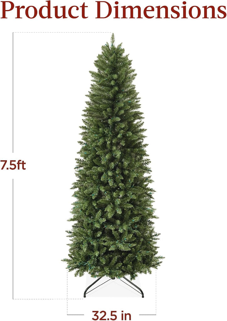 7.5ft Artificial Pencil Christmas Tree with LED Twinkling Lights, Pre-Lit Spruce Realistic Holiday Xmas Décor, 350
