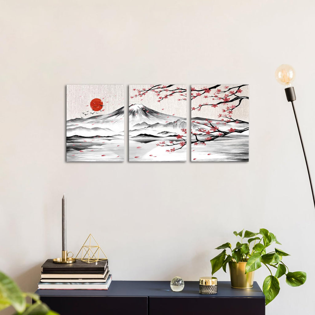 3 Pieces Japanese Cherry Blossom Mount Fuji Canvas Wall Art Black White Pink Floral Wash Painting Wall Decor Bedroom