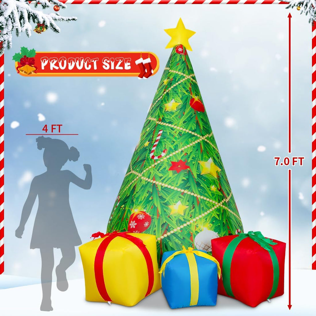 7 FT Christmas Decorations Inflatables Tree Outdoor Blow Up Yard Gift Box with Built-in LEDs for Indoor Party Garden