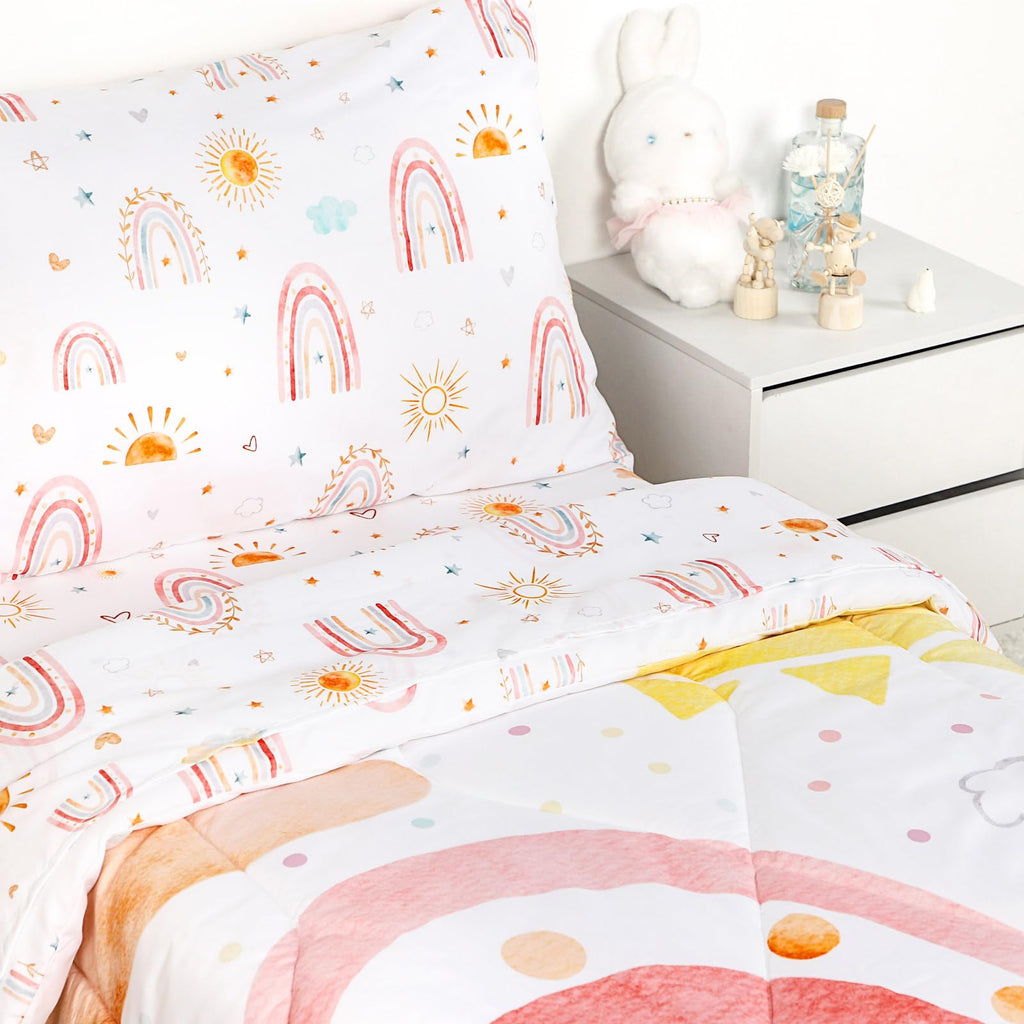 Toddler Bedding Set for Girls 4 Piece Pink Rainbow Toddler Girl Bedding Set Super Soft & Lightweight Toddler