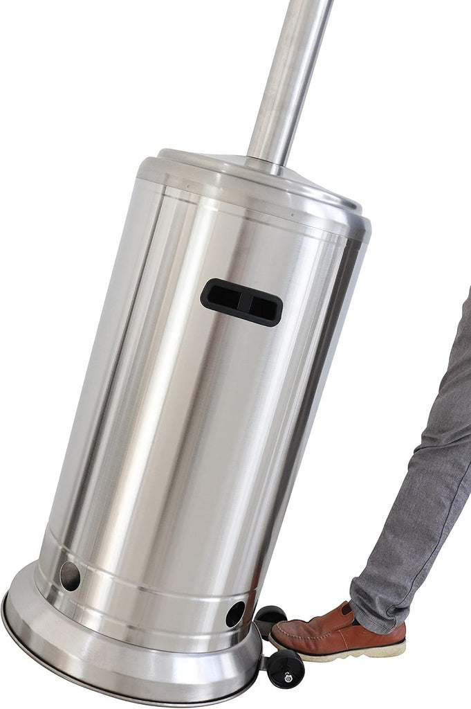 Industrial 46,000 BTU Standing Patio Heater, Steel Gray Aluminum Outdoor Heater with Wheels, Safety Shut-Off &