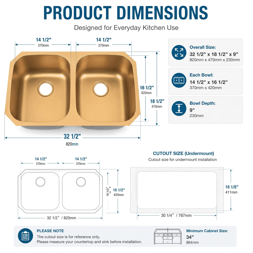 Brushed Gold Kitchen Sink, 32 Inch Undermount Kitchen Sink Gold, Double Kitchen Sink Stainless Steel with Two Sink