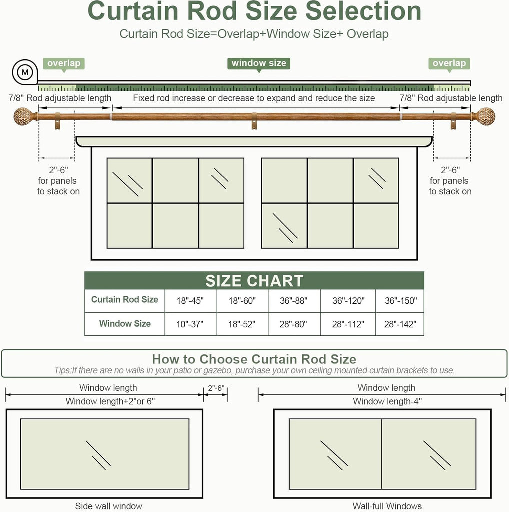 Wood Curtain Rods for Windows 48 to 84 Inch,1'' Diameter Drapery Rods with Imitation Wood Grain Leaf Pattern Finials