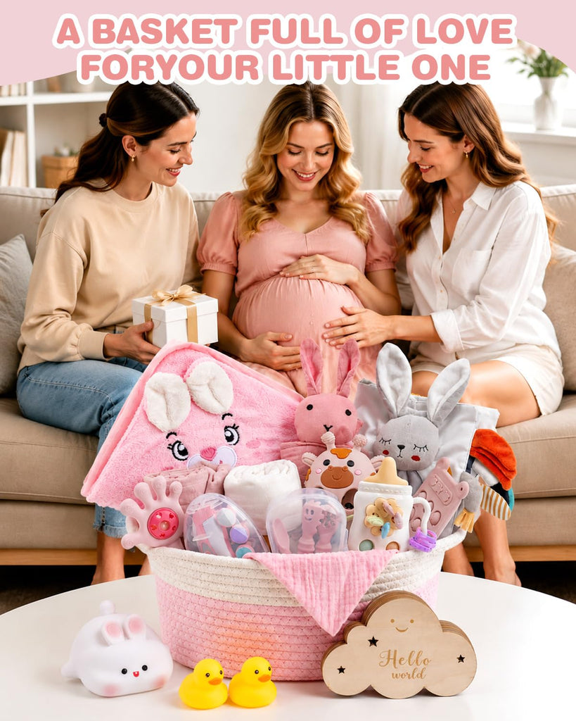 Baby Shower Gifts for Girls, 26 Piece Deluxe Baby Gift Basket - Baby Girl Gift Basket with Bunny Night Light