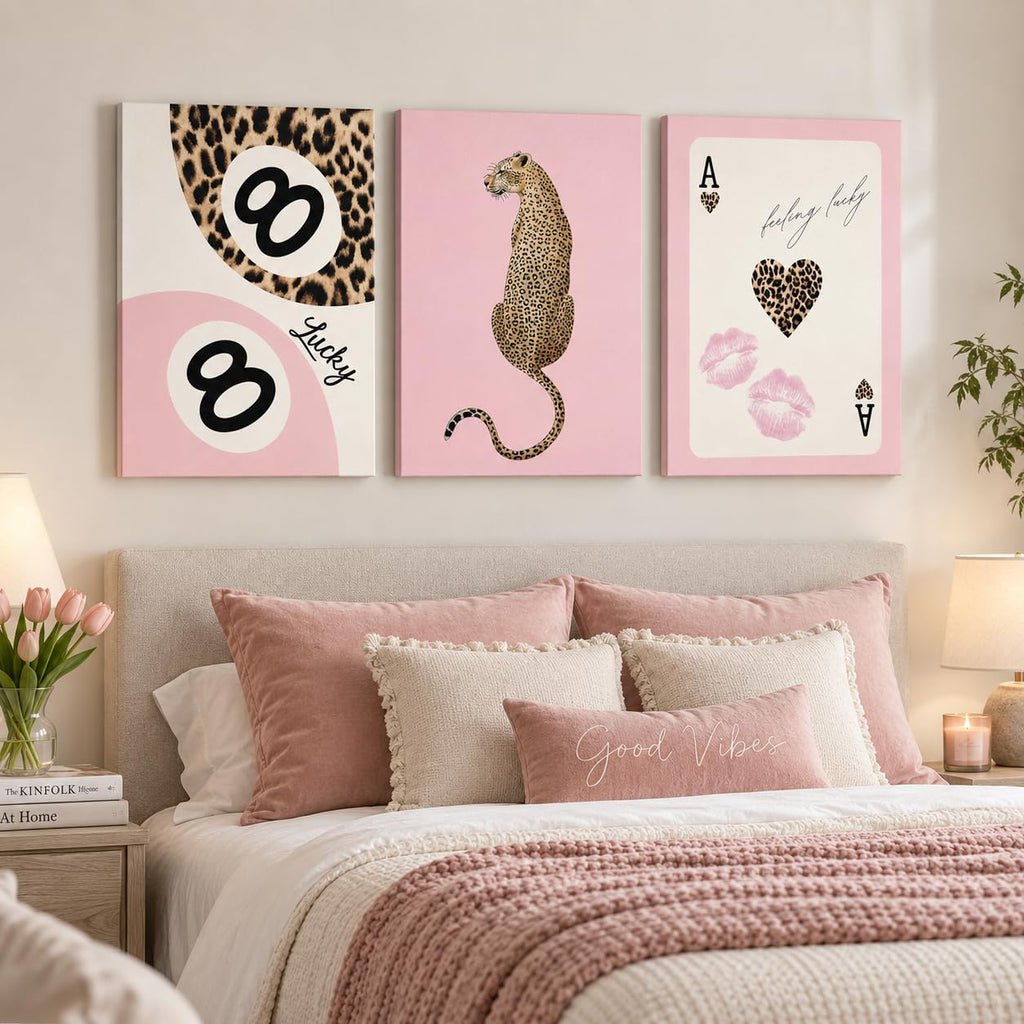 Cheetah Trendy Canvas Print Wall Art, Preppy Leopard 8 Ball Poster Pictures, Pink Y2k Coquette Luxury Print Lucky