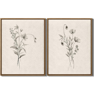 Vintage Botanical Wall Art 2 Piece Neutral Boho Flower Art Prints 11x14 In