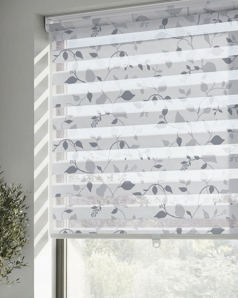 Cordless Zebra Blinds for Windows, Foggy Laurel, 27" W x 72" H | Patterned Dual Layer Free-Stop Roller Shades for
