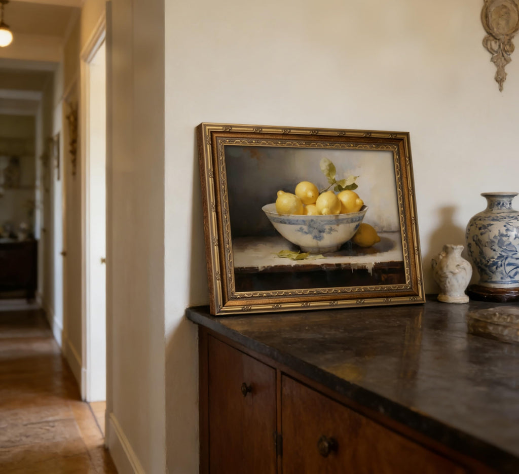 Vintage Gold Framed Kitchen Wall Art Retro Rustic Farmhouse Painting Canvas Picture Wall Decor Yellow Lemon Still