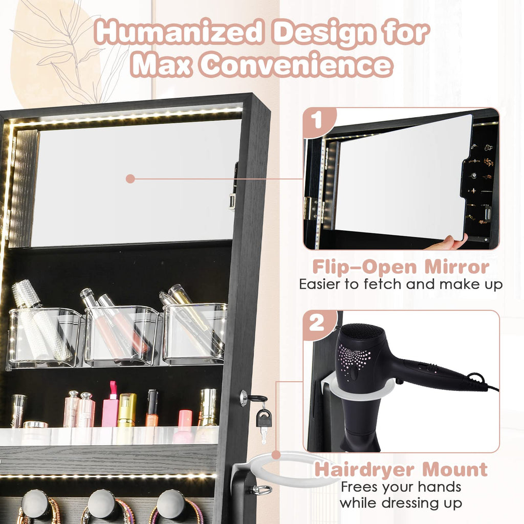 Jewelry Cabinet Armoire with Full Length Mirror, Flip-open Vanity Mirror, 3 Color LED Lights, Hair Dryer Holder