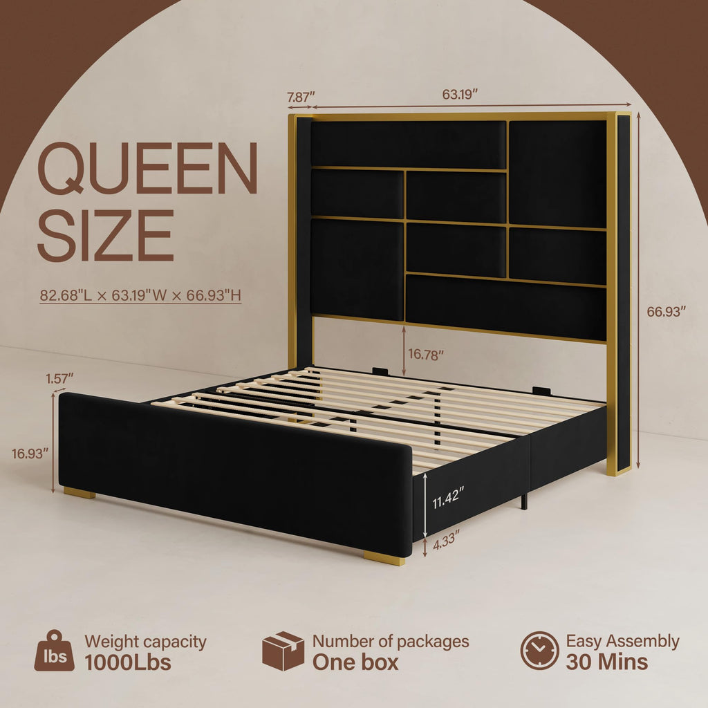 Queen Bed Frame with Headboard, 66.93" Tall Bed, Black and Gold