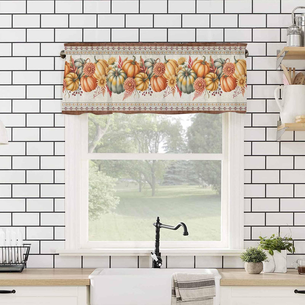 Orange Pumpkins Fall Valances Window Treatment Farmhouse Decor, Boho Thanksgiving Botanical Floral Rod Pocket Valance