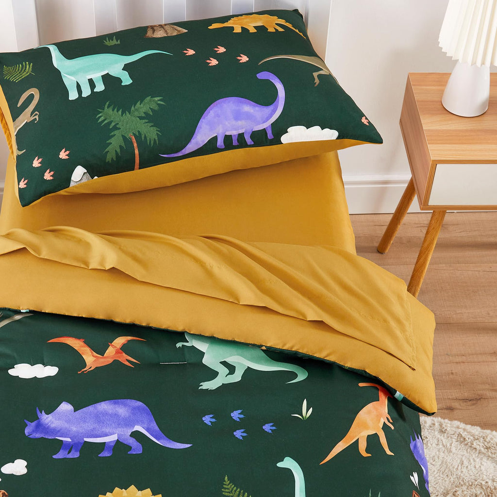 Toddler Bedding Set for Boys, Colorful Jurassic Dinosaur Volcano, 4 Pieces Soft Crib Bed Set Including Comforter