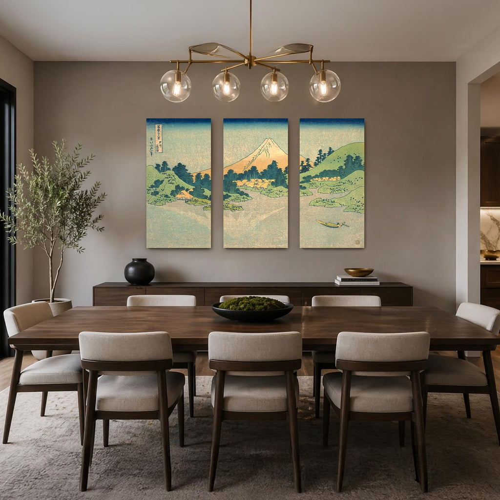 Japanese Wall Art, Mount Fuji Hokusai Zen 3 Piece Canvas, 48x32''