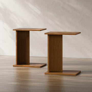 Solid Bamboo C-Shaped End Table Set of 2, Sustainable Mid-Century Modern Wood Sofa Side Table, Easy Assembly (Walnut)