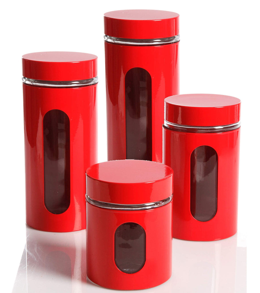 Quality Modern Red Stainless Steel Canister Set Counter with Glass Window & Airtight Lid - Food Storage Containers