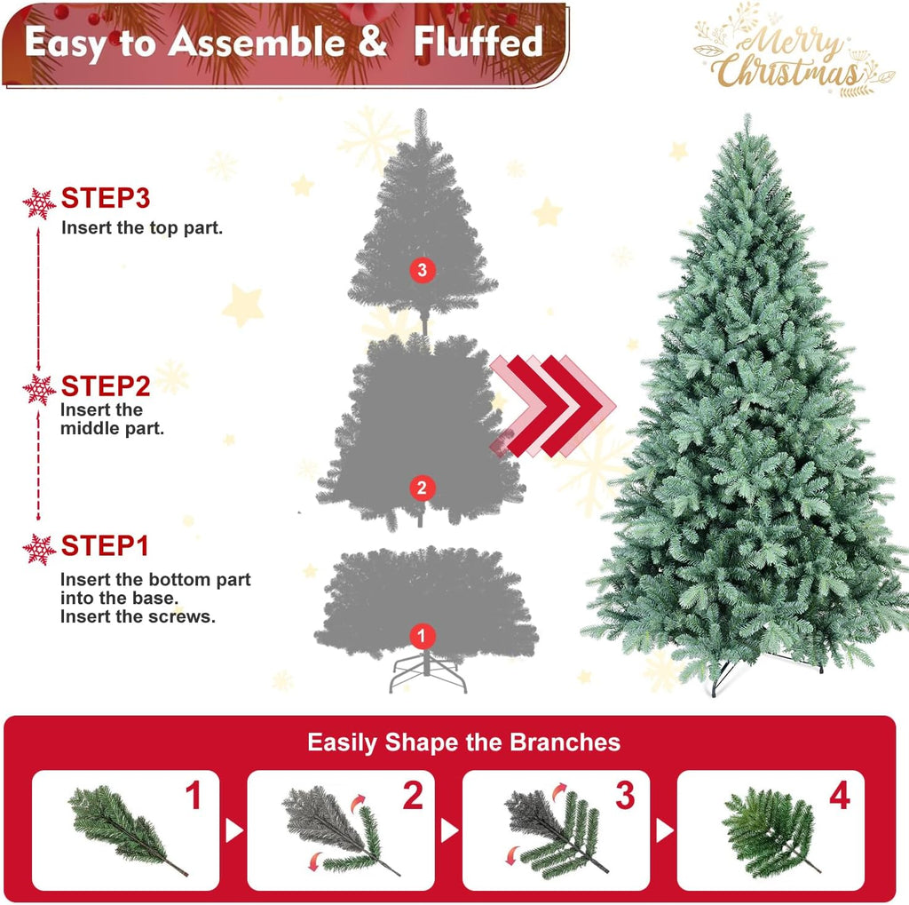 8FT Blue Spruce Artificial Christmas Tree, Premium Unlit Christmas Tree with 2458 PE/PVC Branch Tips, Memory Wire