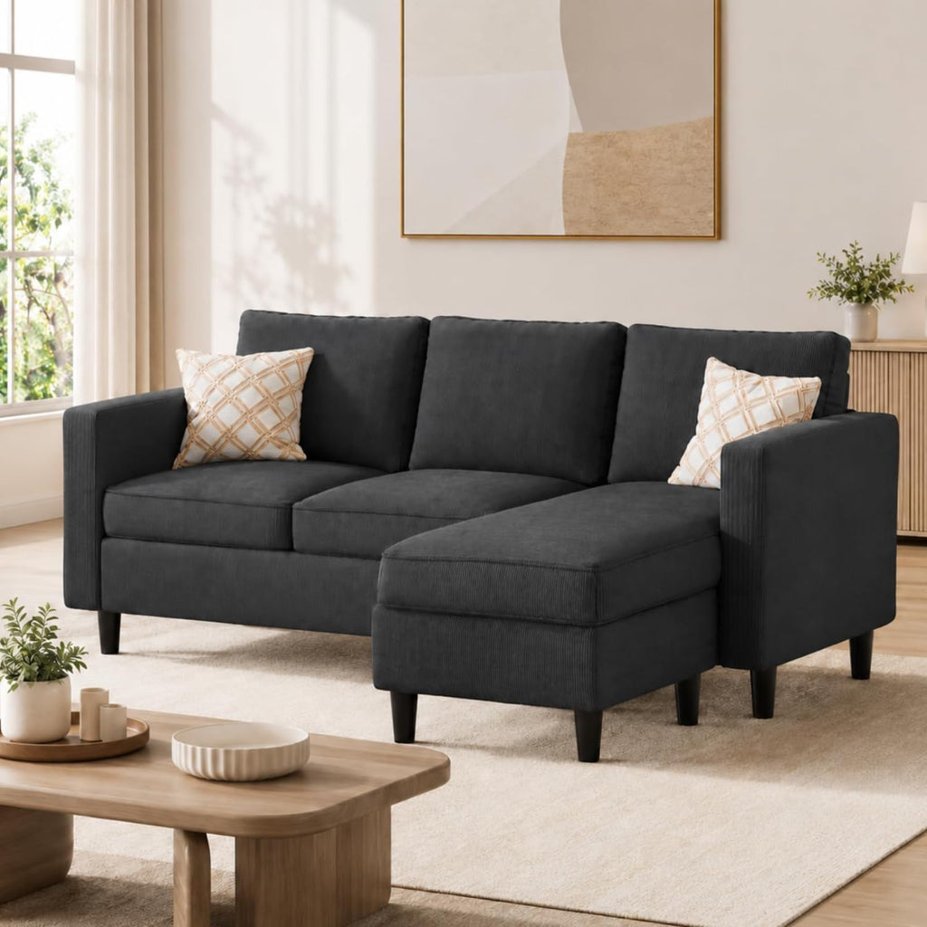 73.6" L-Shaped Small Sectional Couch with Ottoman, Gray