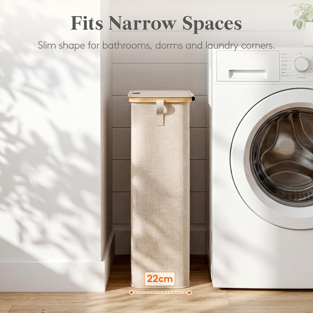 65L Slim Laundry Hamper with Lid, Narrow Laundry Basket with Removable Bag & Bamboo Handles, Fodable Thin Dirty