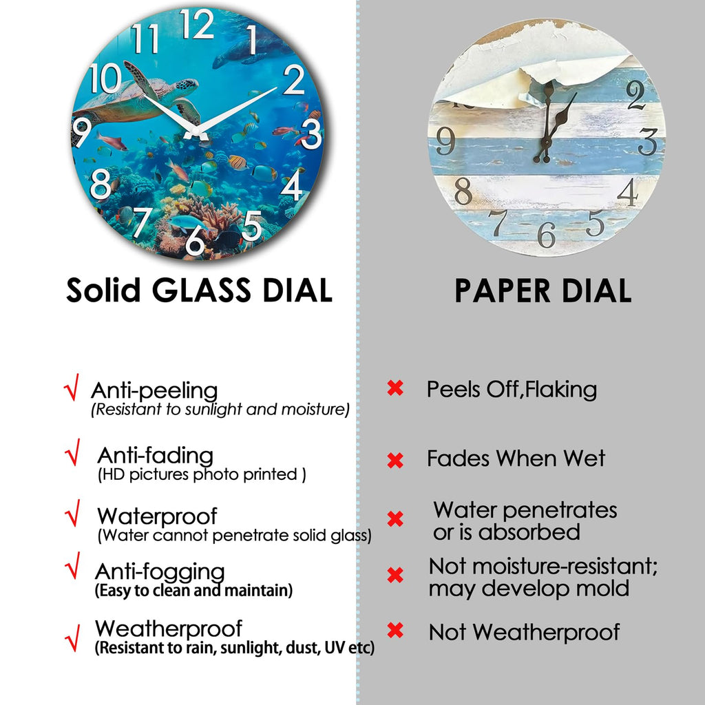 14 Inch Outdoor Clock - Waterproof Tempered Glass with Sea Turtle & Marine Life Theme, UV Resistant, Silent Nautical