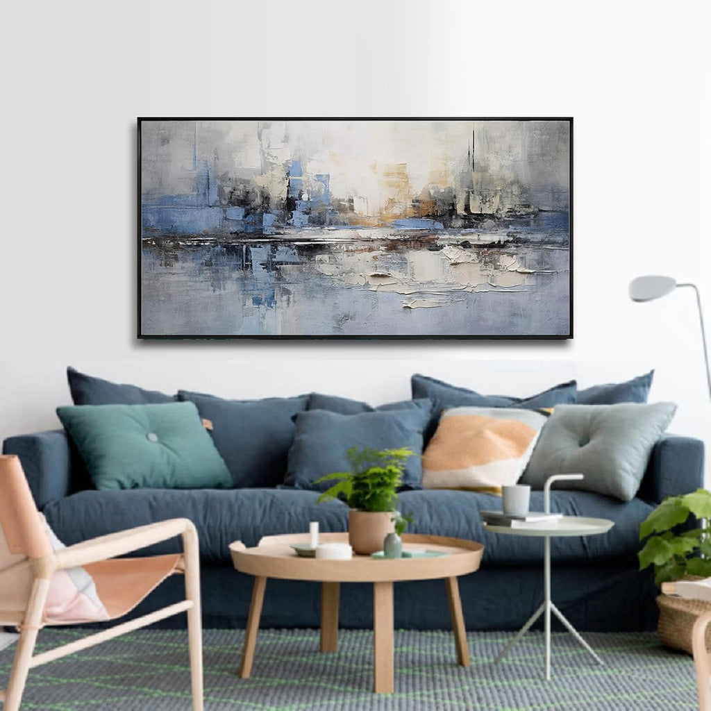 Abstract Wall Art Blue and White Reflection Large Size Framed Artwork Wall Decor Canvas Painting Stretched Canvas