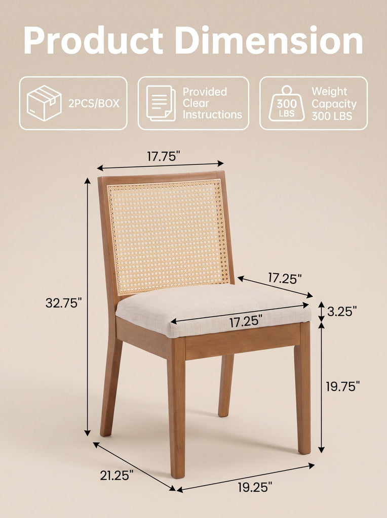 Farmhouse Rattan Dining Chairs Set of 6, Walnut Solid Hardwood Frame, Upholstered Linen Seat, Ergonomic Cane Back