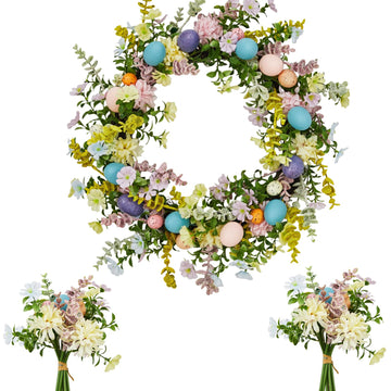 Easter Wreath for Front Door - 18in Spring Flower Wreath with Easter Eggs & Lush Greenery, Artificial Floral Door