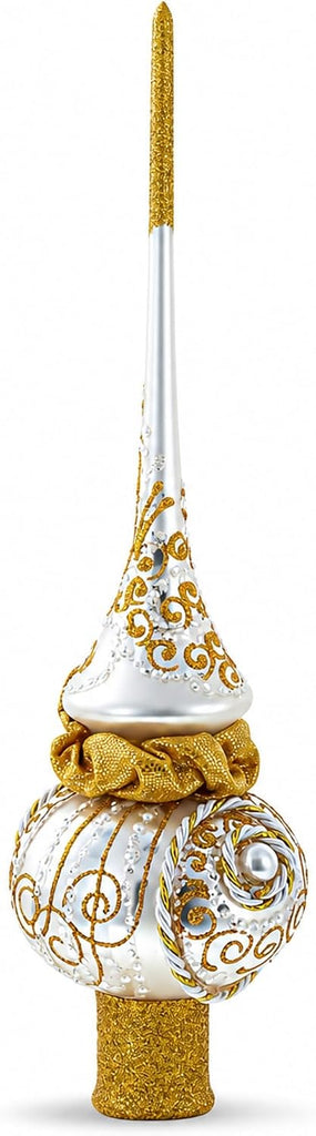 Golden Twisted Rope and Bow on White Glass Christmas Tree Topper 11 Inches