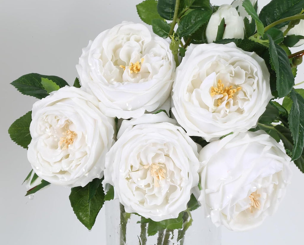 Real Touch White Austin Roses Peonies Artificial Flowers 4 Bouquets Latex Fake Peonies with Long Stem Realistic Faux - Set of 4