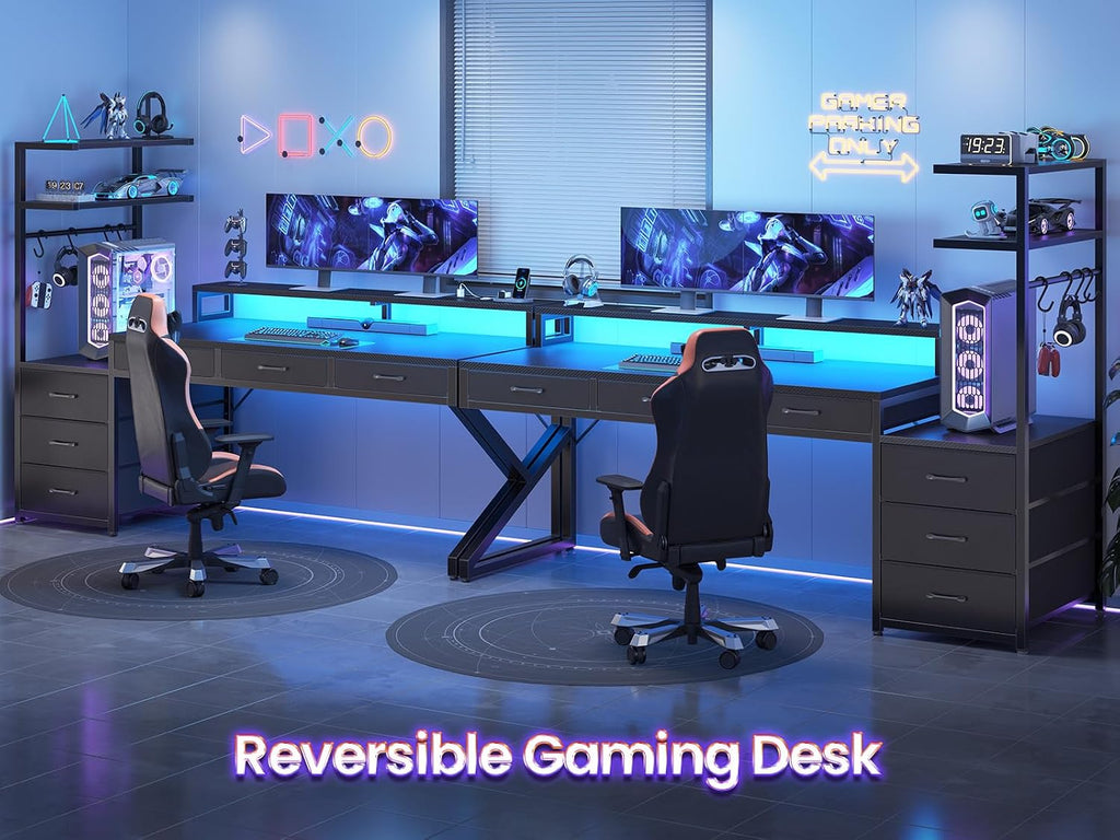 55" Gaming Desk with 6 Drawers and Hutch, Reversible, LED Lights | PC Desk with LED Lights,Power Outlet,Corner