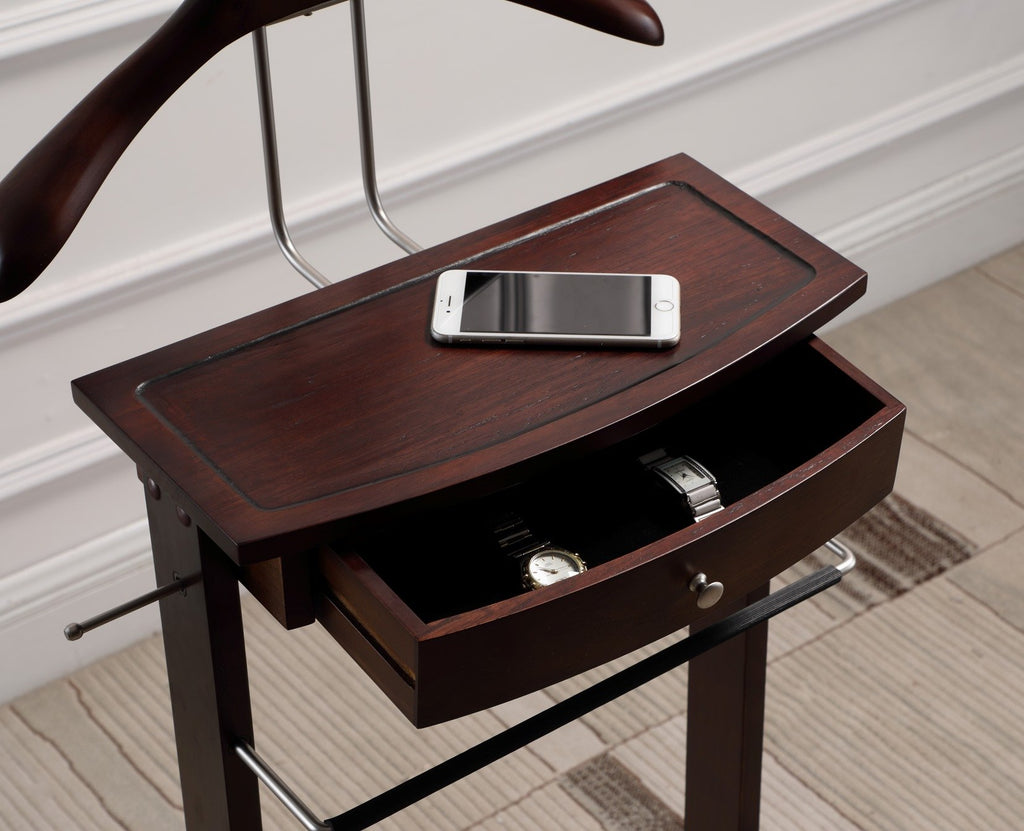 Kingston III Valet Stand with Drawer, Contour Hanger, Trouser Bar, Tie & Belt Hooks and Shoe Rack - VL16260
