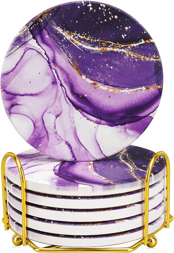 Purple Agate Coasters for drinks with Gold Holder,Absorbent Marble Coasters Set with Cork Base for Tabletop - Set of 7
