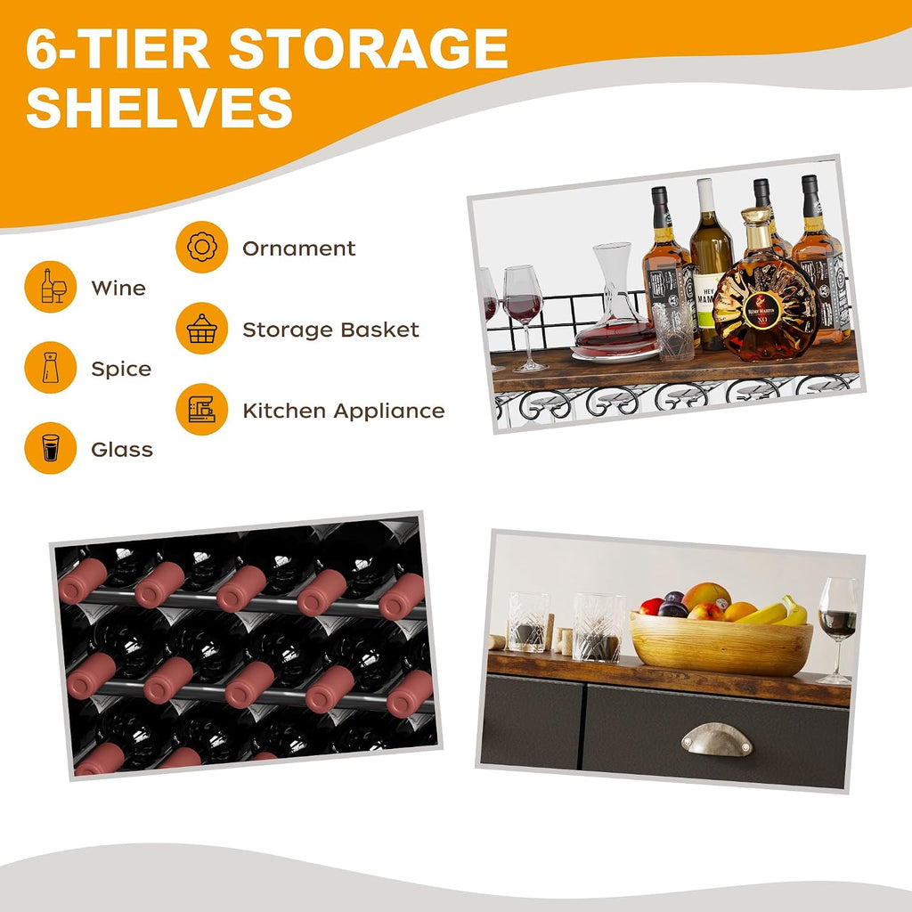 Wine Cabinet with Storage, Wine Rack Freestanding Floor, 6-Tier with Tabletop, Drawer and Wine Storage Bars