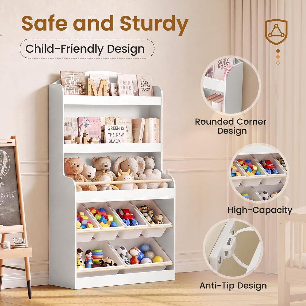 51" H Kids Toy Storage Organizer with Bookshelf and 6 Removable Toy Bins, 5-Tier Toy Organizers with Stuffed Animal